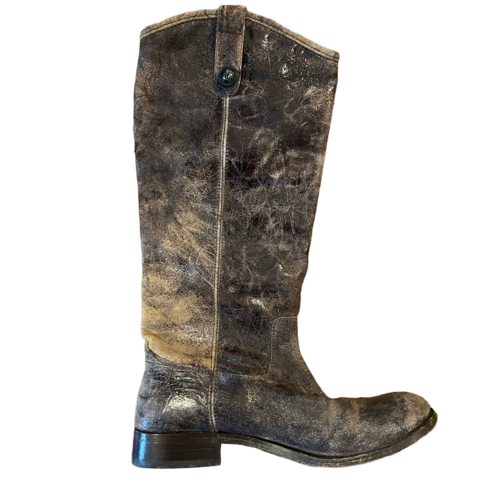 FRYE Melissa Button Riding Boots Chocolate Brown Distressed Leather Sz 8.5